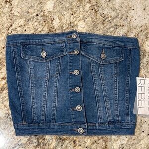 Rebels Women's Button-Up Blue Denim Strapless Top